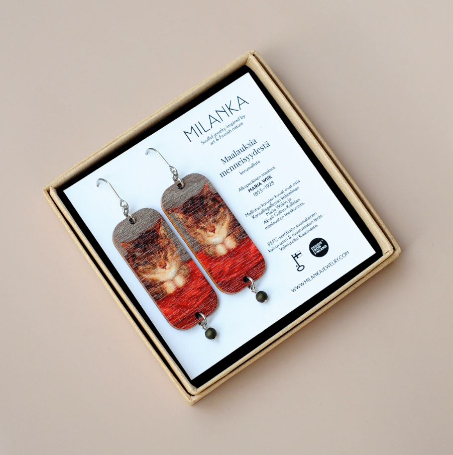 MILANKA JEWELRY 木製永續「來自過去的畫作」系列耳環:貓咪莫斯 | 芬蘭製造 (北歐首飾)