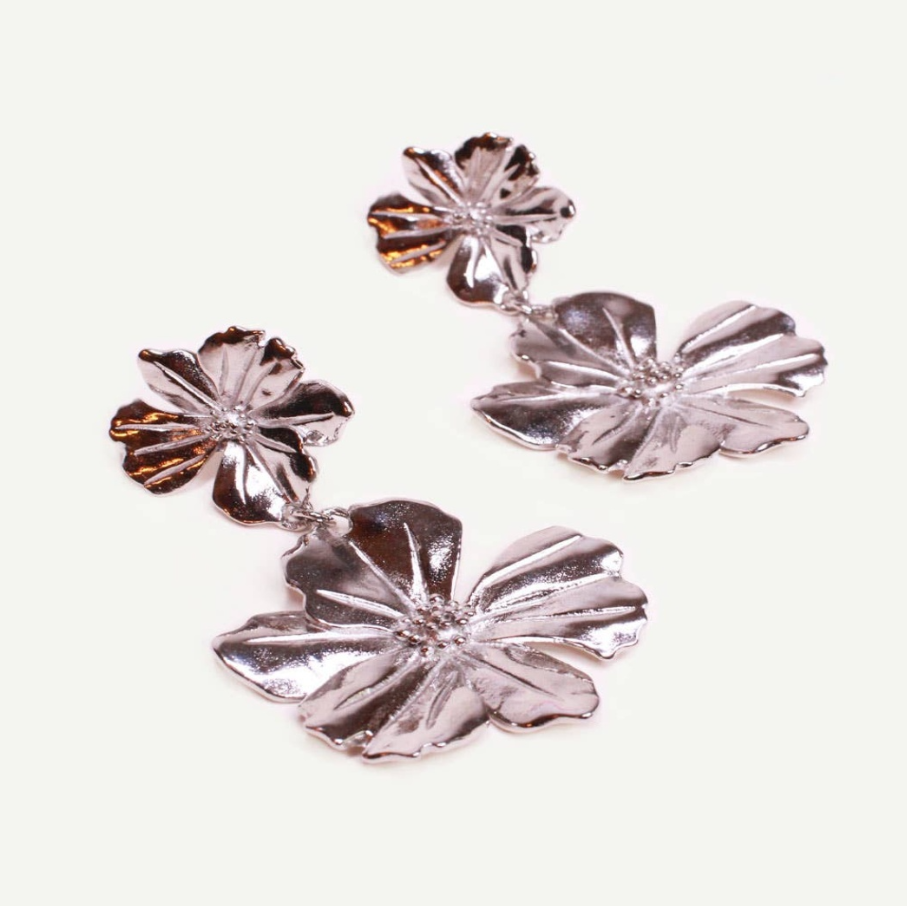 Caprice Paris 銀色維多利亞不銹鋼銀花吊飾耳環 | 法國製造 (歐洲首飾)