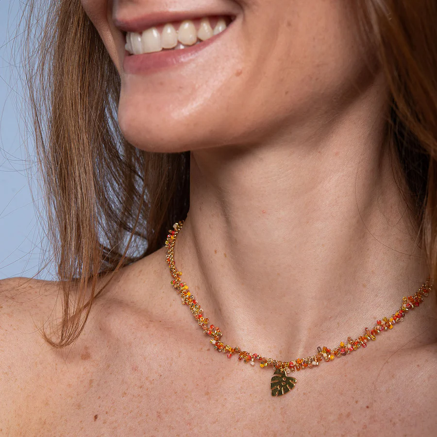 MISHKY 金色樹葉吊飾橙色珠頸鏈  | 哥倫比亞製造 (南美首飾)