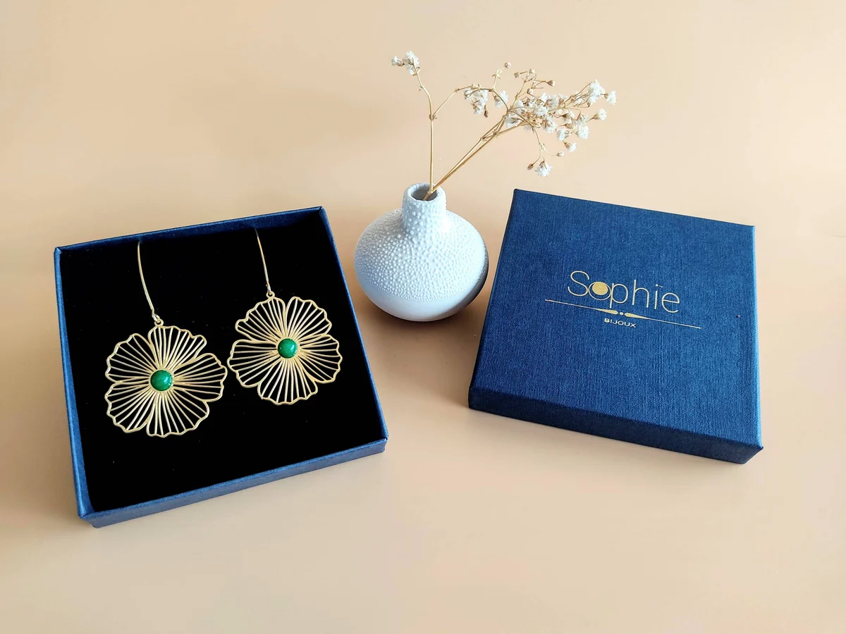 SOPHIE BIJOUX 鍍金不鏽鋼綠瑪瑙半寶石花朵吊墜耳環 | 法國製造 (歐洲首飾)
