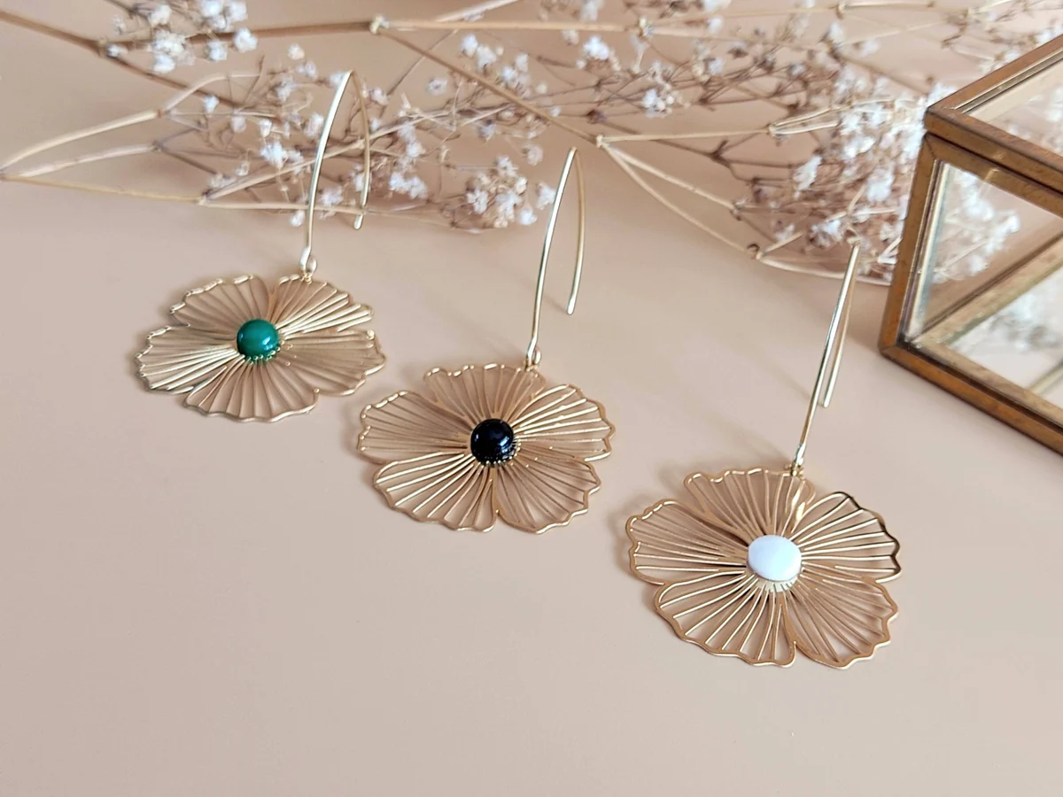 SOPHIE BIJOUX 鍍金不鏽鋼綠瑪瑙半寶石花朵吊墜耳環 | 法國製造 (歐洲首飾)