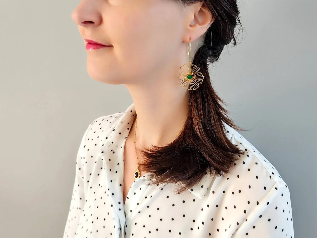 SOPHIE BIJOUX 鍍金不鏽鋼綠瑪瑙半寶石花朵吊墜耳環 | 法國製造 (歐洲首飾)