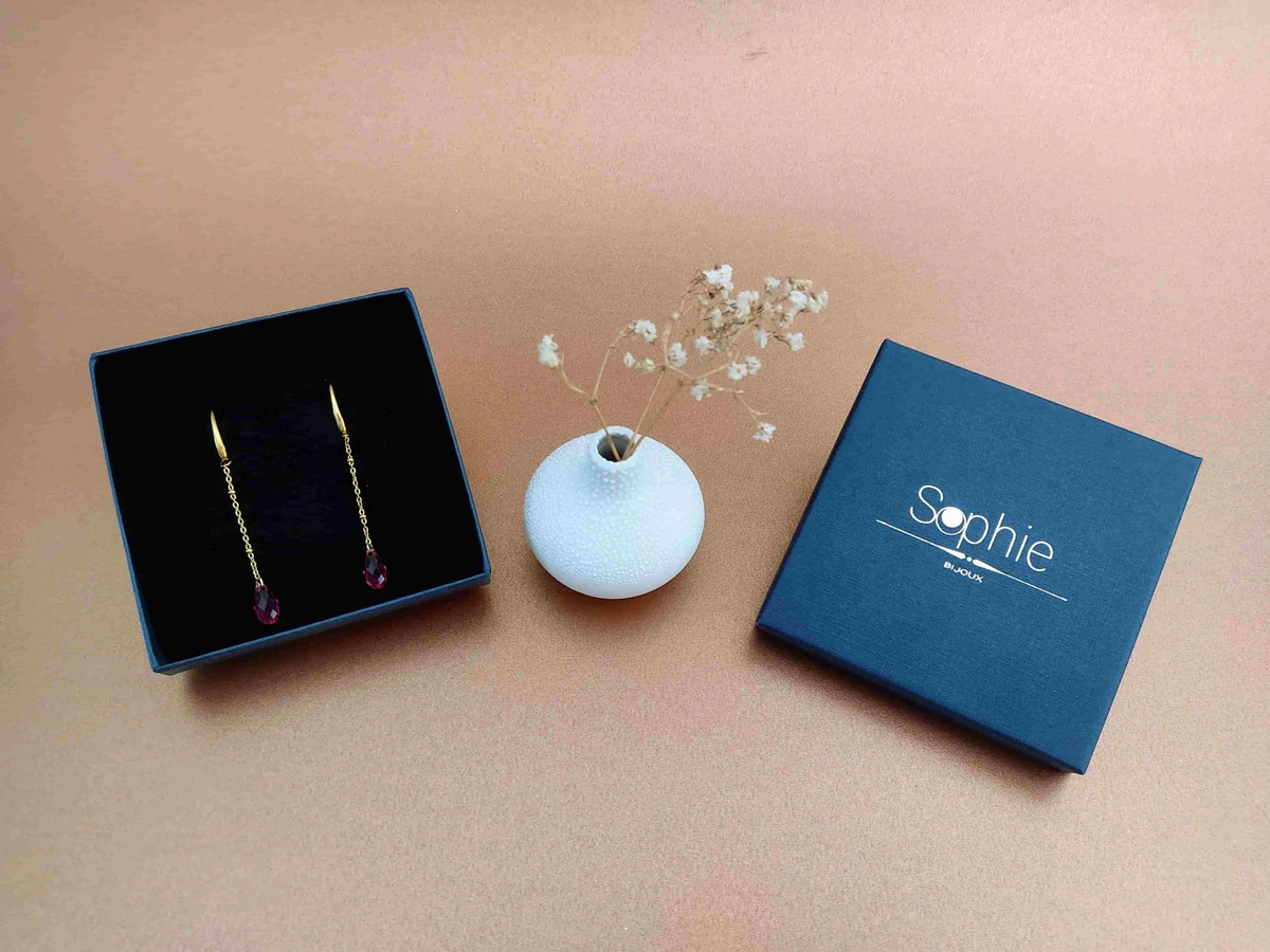 SOPHIE BIJOUX 鍍金不鏽鋼紫紅色水晶耳環 | 法國製造 (歐洲首飾)